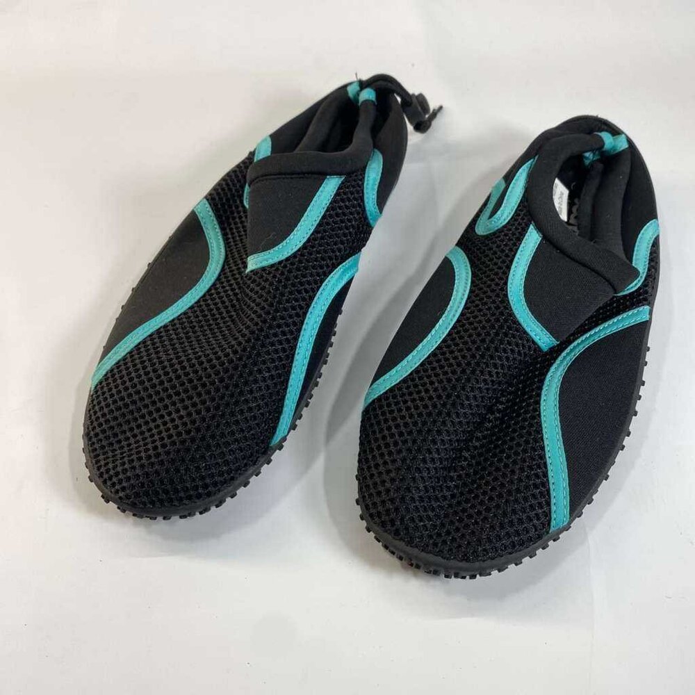 Josmo Water Shoes Womens 8 Black Teal Slip On Aqua Beach Swim Lightweight Grip